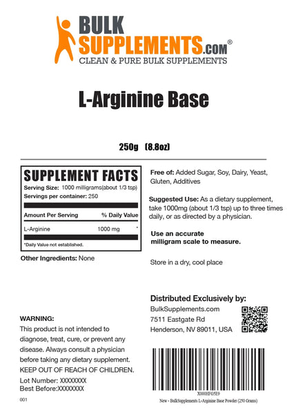 Bulksupplements L-Arginine Powder - Arginine Supplement - Unflavored, 1G per Serving, 250G (8.8)